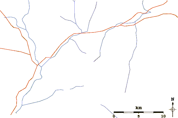 Roads and rivers around Puzzle Mountain (Elk River Mountains)