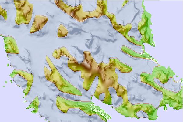 Surf breaks located close to Mount Carse (Salvesen Range)