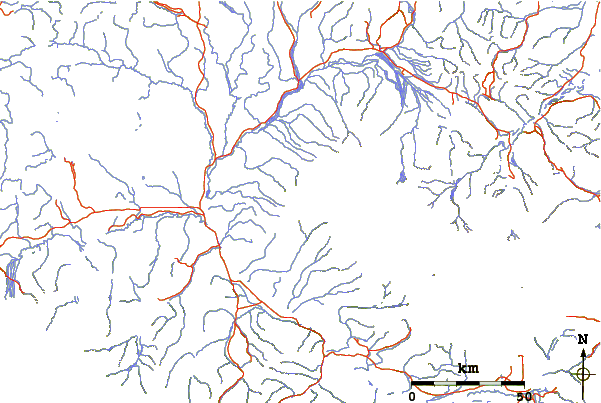 Roads and rivers around Mt Drum