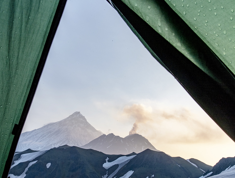 morning view out of my tent on Kamen (background) and fuming Bezymianny, Kamen (Kamchatka)