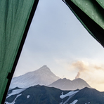 morning view out of my tent on Kamen (background) and fuming Bezymianny, Kamen (Kamchatka)