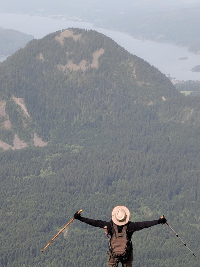 Hiker joy on the Summit, Dog Mountain