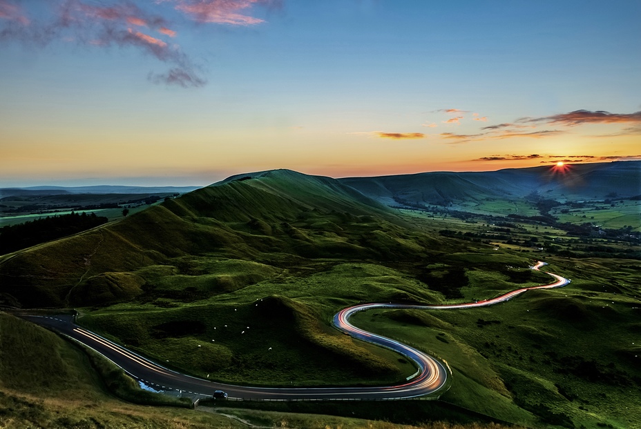 Light trails on the Serpentine Road, Mam Tor