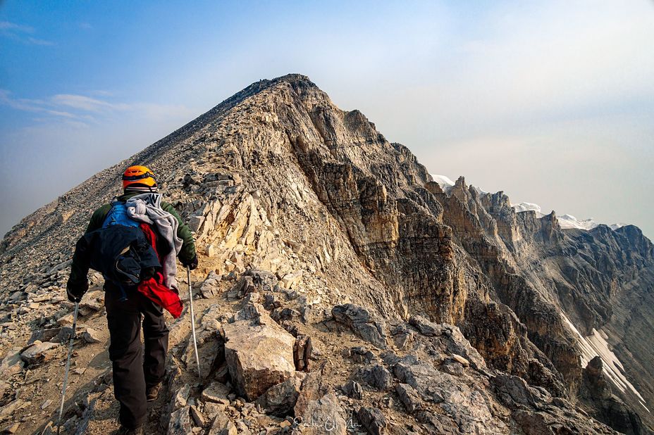 Final ridge to Mount Temple summit Lake Morraine ,Alberta.