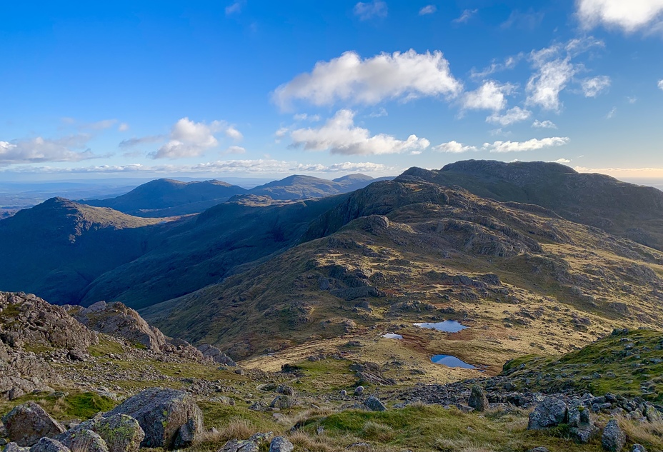 View of 3 tarns and crinkle crags from Bowfell
