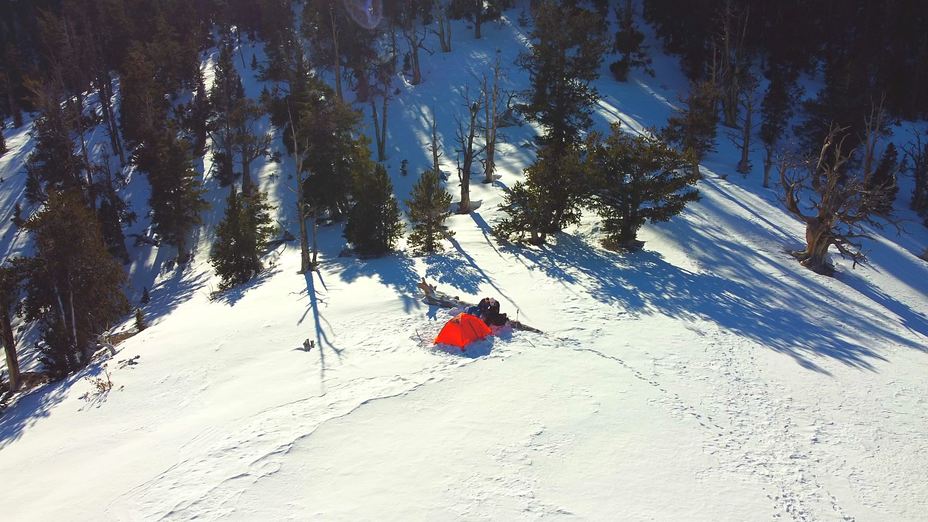 romantic drone pic of wife and me snow camping, Mount Charleston