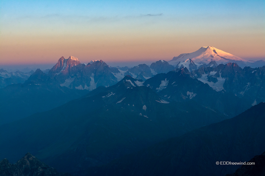 Ushba and Elbrus at dawn from the slopes of Tetnuldi