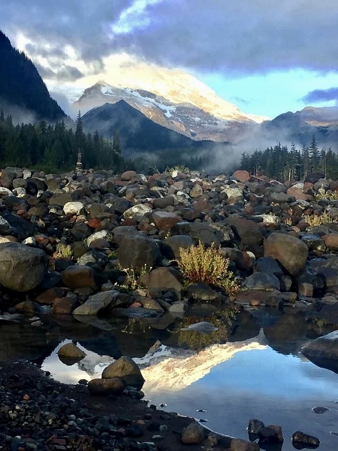 My Rainier in a puddle. White River.., Mount Rainier