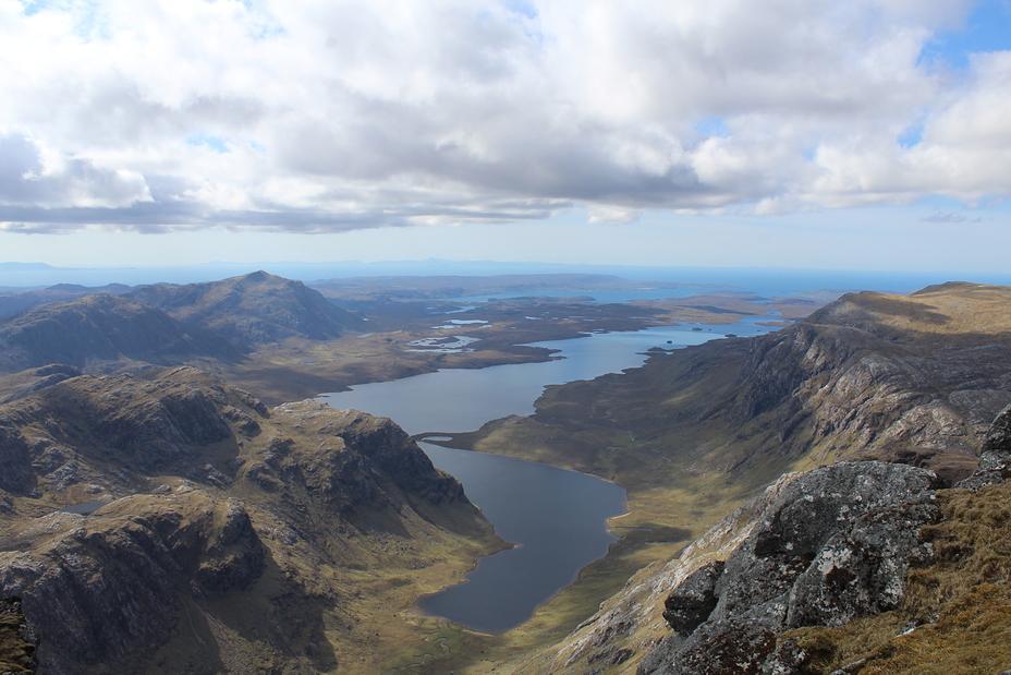 Dubh Loch with Fionn Loch and the sea beyond from A' Mhaighdean summit, A'Mhaighdean