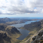 Dubh Loch with Fionn Loch and the sea beyond from A' Mhaighdean summit, A'Mhaighdean