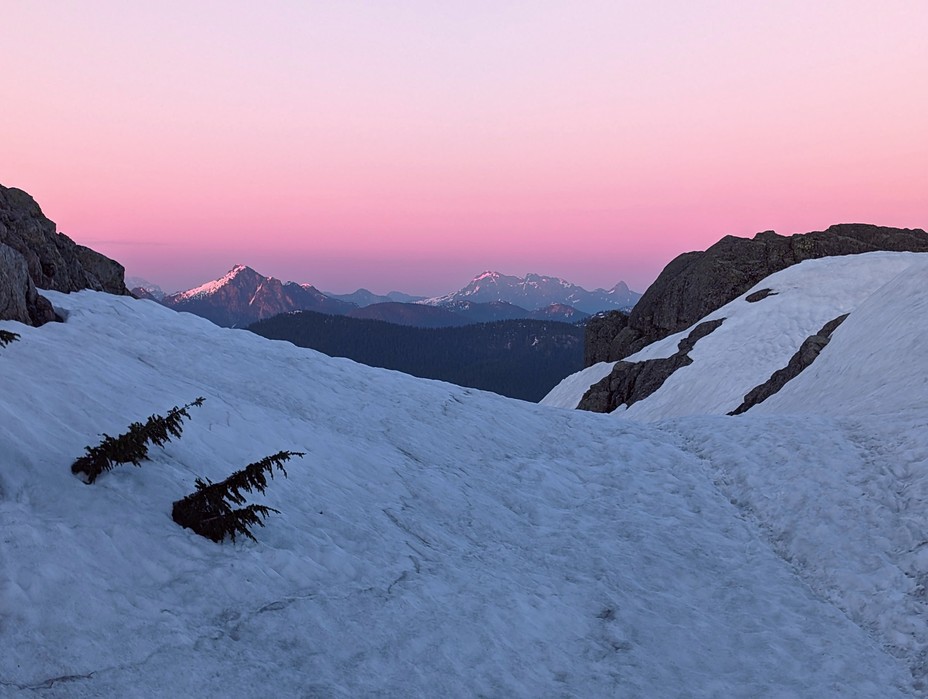Alpen glow after sunset on Mt. Seymour on the way to Pump Peak, Mount Seymour