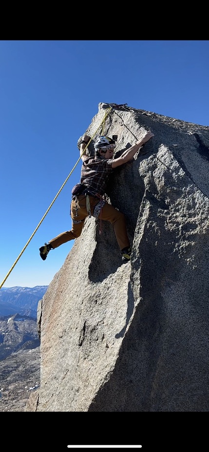 Going for the 5.8 half-dyno on toprope, Thunderbolt Peak