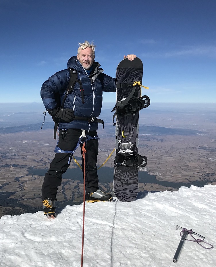 At the summit and ready to snowboard the icy slopes of Pico de Orizaba
