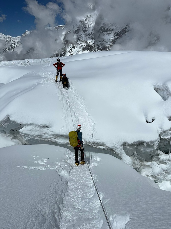 Crossing crevasse above c2, Kangchenjunga