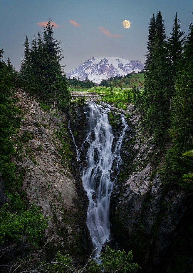 Mount Rainier Behind Myrtle Falls in Paradise Area