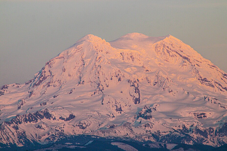 Close-Up of Mount Rainier’s Snow-Capped Summit at Sunrise