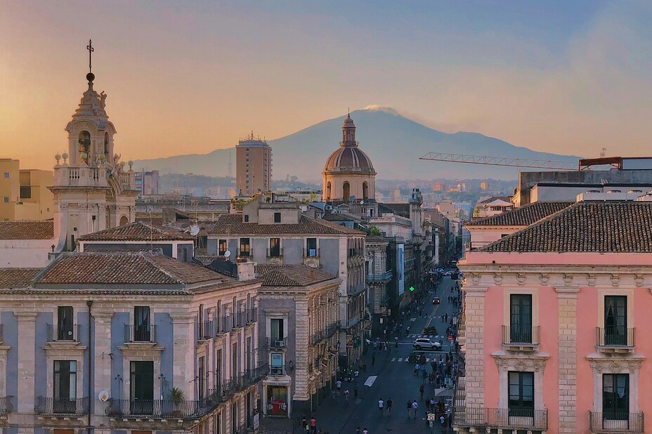 Mount Etna Behind the Cityscape of Catania, Sicily, Monte Etna
