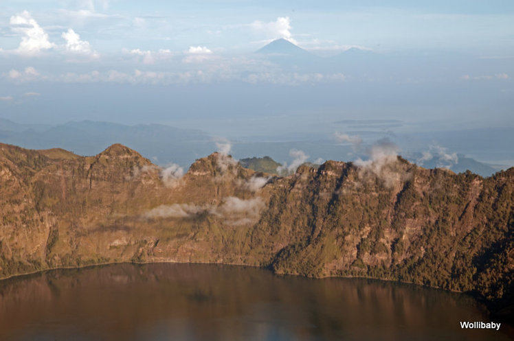 view over the crater lake to Agung on Bali, Mount Rinjani