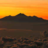 Rinjani at a distance of 106 km to the east,  before sunrise, Mount Agung